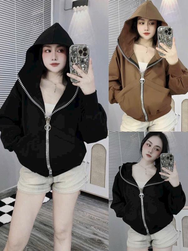 ÁO KHOÁC NỈ NGẮN , DÂY KÉO TO ĐÙNG TAY TO PHONG CÁCH MỚI MẼ ĐỘC ĐÁO PHÙ HỢP THỜI TRANG HIỆN NAY Hoodie Top Nữ Women