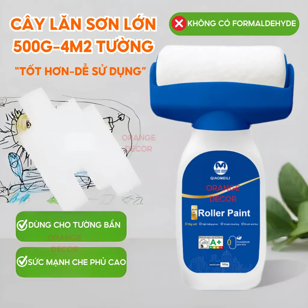 Cây lăn sơn tường mini 500g màu trắng làm sạch tường bị vẽ bẩn, ẩm mốc dùng được 4m2