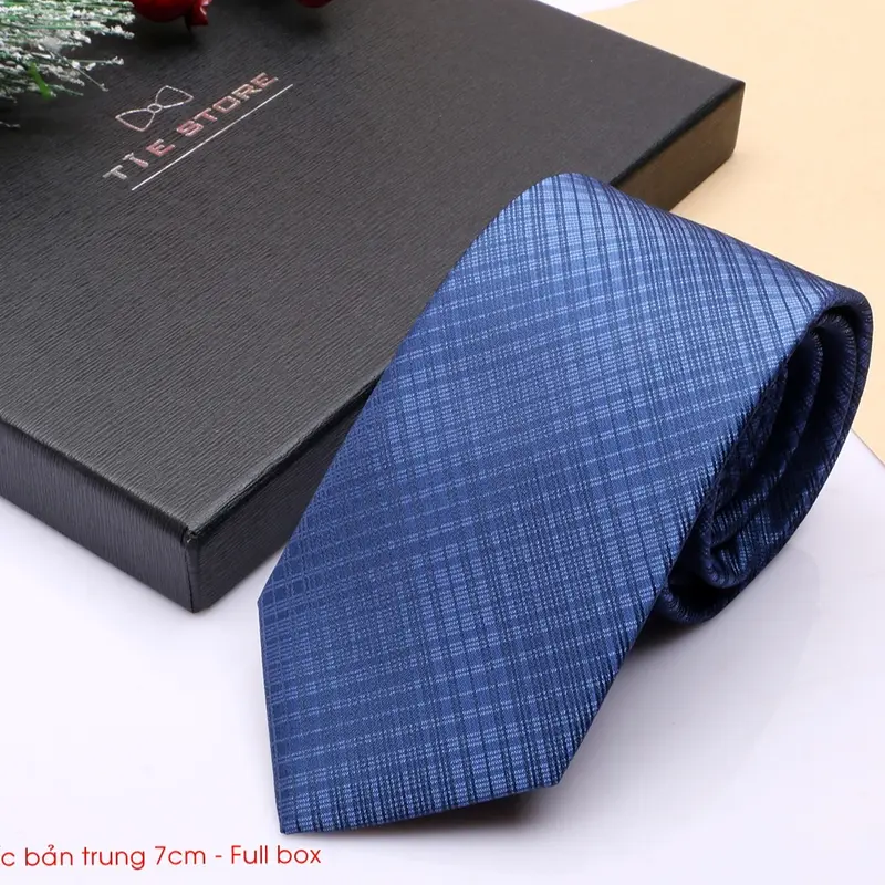 Cà Vạt Nam Bản trung 7cm xanh sáng kẻ - Cavat Hàn Quốc Cao Cấp Full box 0