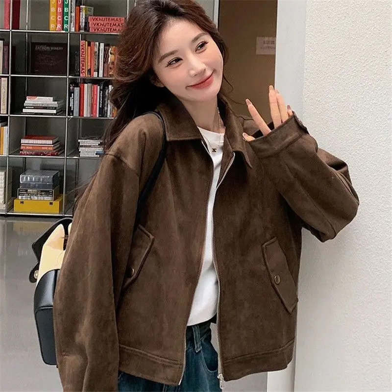 Áo Khoác Maillard, Màu Nâu, Dành Cho Nữ, Hàng Mới Về Mùa Thu 2024, Phong Cách Cổ Điển Mỹ Áo Khoác Cropped Nhỏ