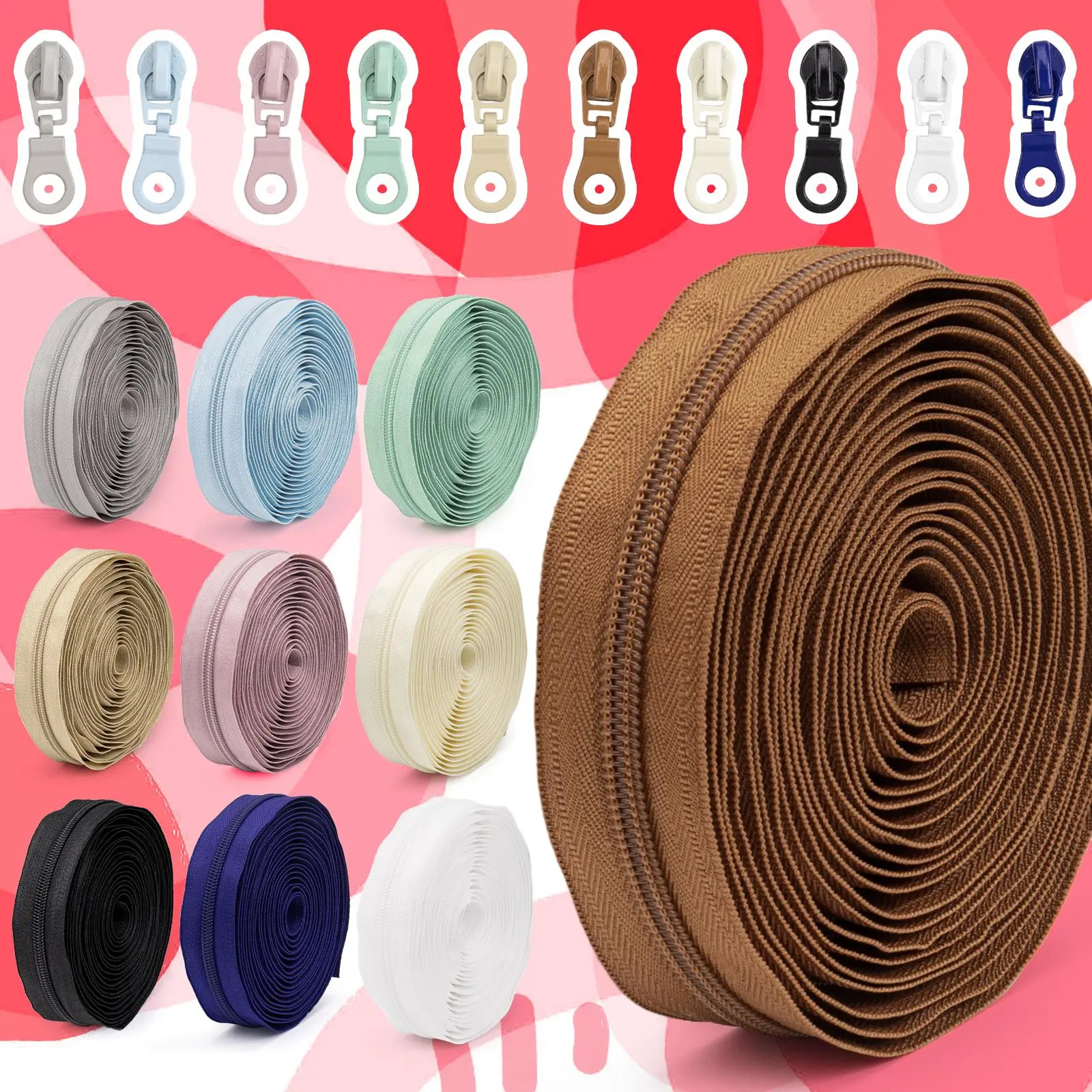 Zinc Alloy Zipper Head & Nylon Zipper Set, 1 Set Including 1 Roll 450cm Multifunctional DIY Zipper Roll & 10pcs Zipper Head, Sewing Accessories for Clothes & Bag