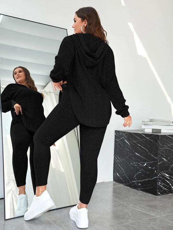 Plus Size Two-Piece Set Solid Split Hem Hoodie & High Waist Skinny Pants Set, Casual Fashion Drop Shoulder Long Sleeve Top & Trousers, Women's Two-piece Outfits 6
