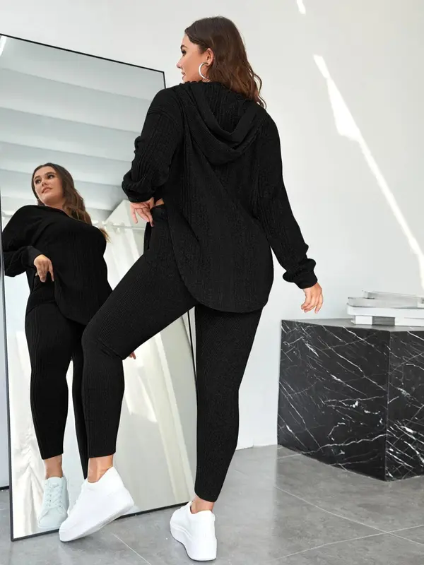 Plus Size Two-Piece Set Solid Split Hem Hoodie & High Waist Skinny Pants Set, Casual Fashion Drop Shoulder Long Sleeve Top & Trousers, Women's Two-piece Outfits 6
