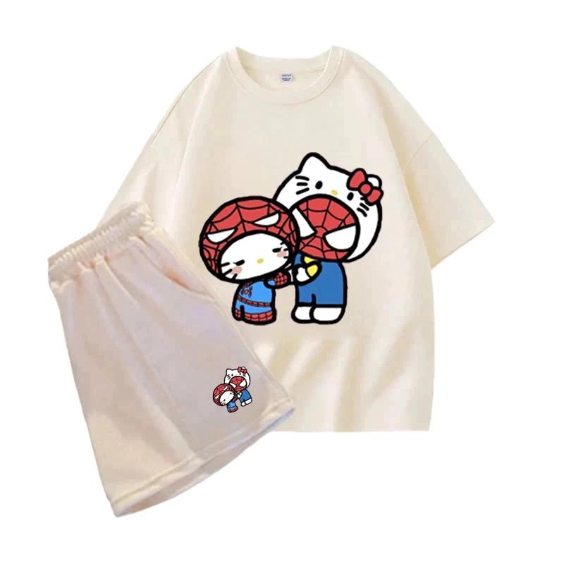 Set Bộ Quần Áo Trẻ Em Cộc Tay Hình Hello Kitty Và Người Nhện Đơn Giản Hot Trend Cho Bé Vào Hè