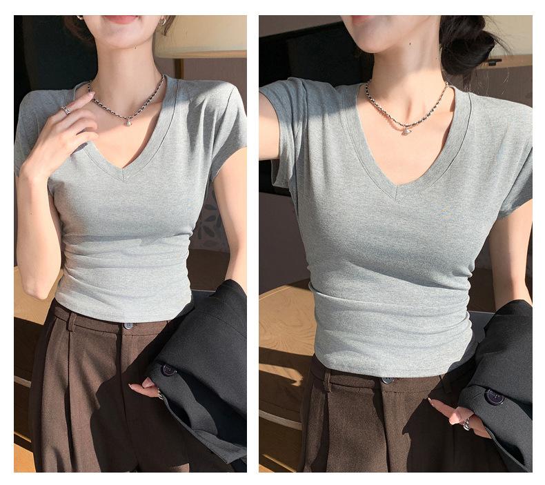 Product Introduction of Summer New Slim Fit V-Neck Short Sleeve T-Shirt for Women, Versatile Waist-Cinching Slimming High-End Top, Niche Style 20