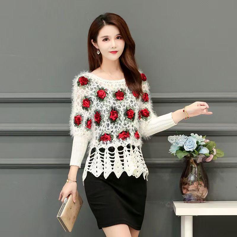 Áo Len Dệt Kim Đan, Tay Áo 3 / 4, Bộ Sưu Tập Mùa Xuân Và Mùa Thu, Hàng Mới Về, Cạp Cao, Jacquard Thời Trang, Cổ Tròn, Kiểu Ngắn, Dáng Rộng Vừa Vặn, Áo Tay Cánh Dơi, Dành Cho Nữ 7