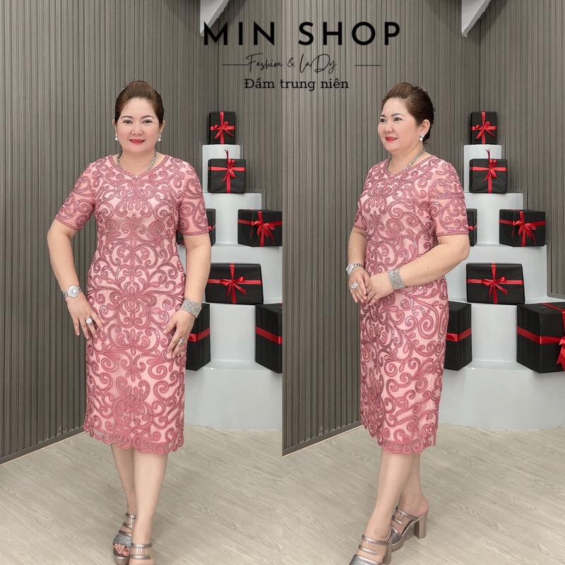 Đầm suôn trung niên Quảng châu thiết kế cao cấp Hồng Nữ Women Nhung Dress Voi Voan Sen