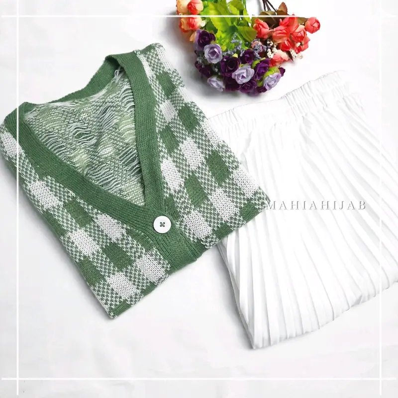 4in1 Setelan lengkap Yeji Cardi ( Cardi + Rok + Hijab ) Outfit Rajut Korean Style 4