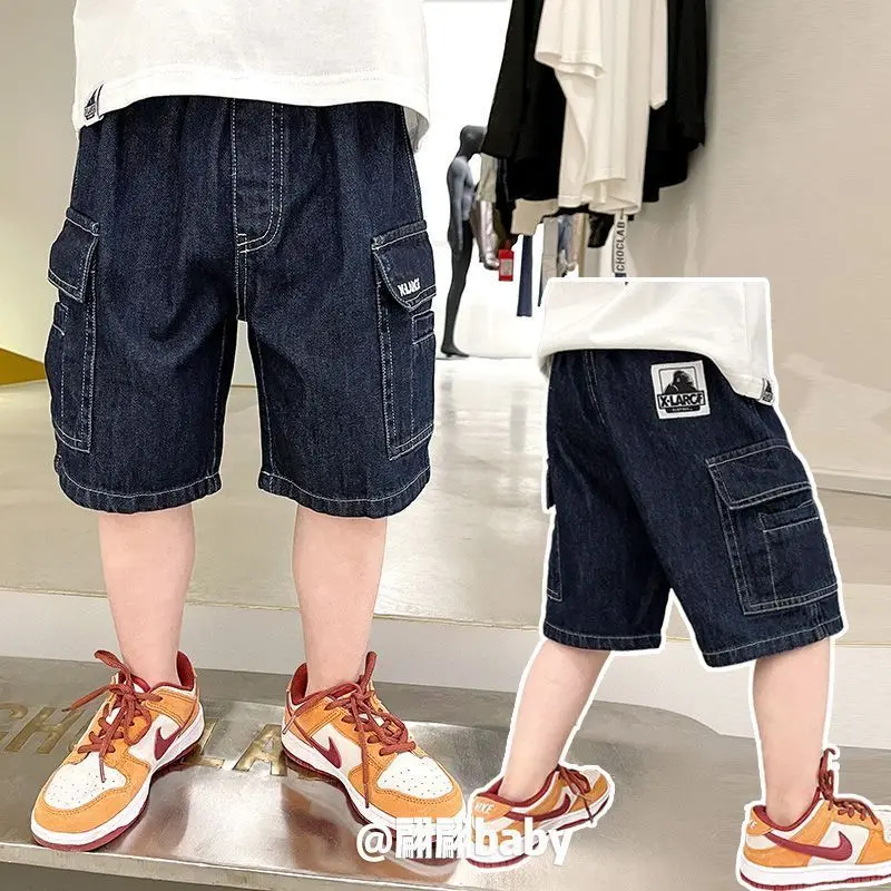 Boys' Shorts Denim 2024 Summer New Children's Korean Fashionable Casual Large Pocket Tooling Bright Line Denim Five Points