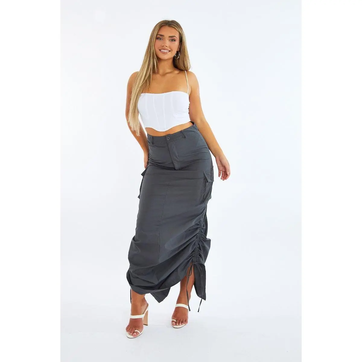 Grey Cargo Side Ruched Maxi Skirt - Nikita