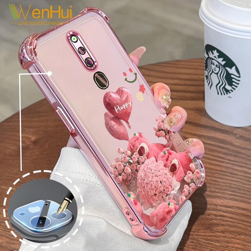Ốp Điện Thoại Cho OPPO F11, WenHui, Mạ Điện, Thiết Kế Hoa Hồng Hoạt Hình, Màu Hồng, Với Màng Bảo Vệ Ống Kính Ốp Mềm TPU Silicon Gấu Nhỏ Dễ Thương, Túi Khí Bốn Góc, Chống Sốc, Số 48170 Đi Kèm Với Phim Ốp Lưng