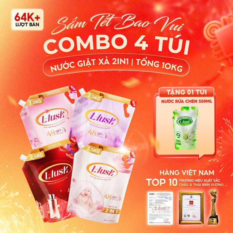 [COMBO 4 TÚI 2.5KG TỔNG 10KG - TẶNG 1 TÚI NRC 550ML] Combo 4 Túi Nước Giặt Xả 2in1 L-lusk (2.5kg/Túi), Lưu Hương Đến 48 Giờ, Công Nghệ Tách Màu Chuyên Biệt - 4 Mùi Hương