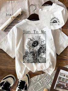 Women's Sunflower Print Round Neck Tee, Vintage Trendy Casual Short Sleeve T-shirt for Daily Wear, Ladies Summer Top, Womenswear