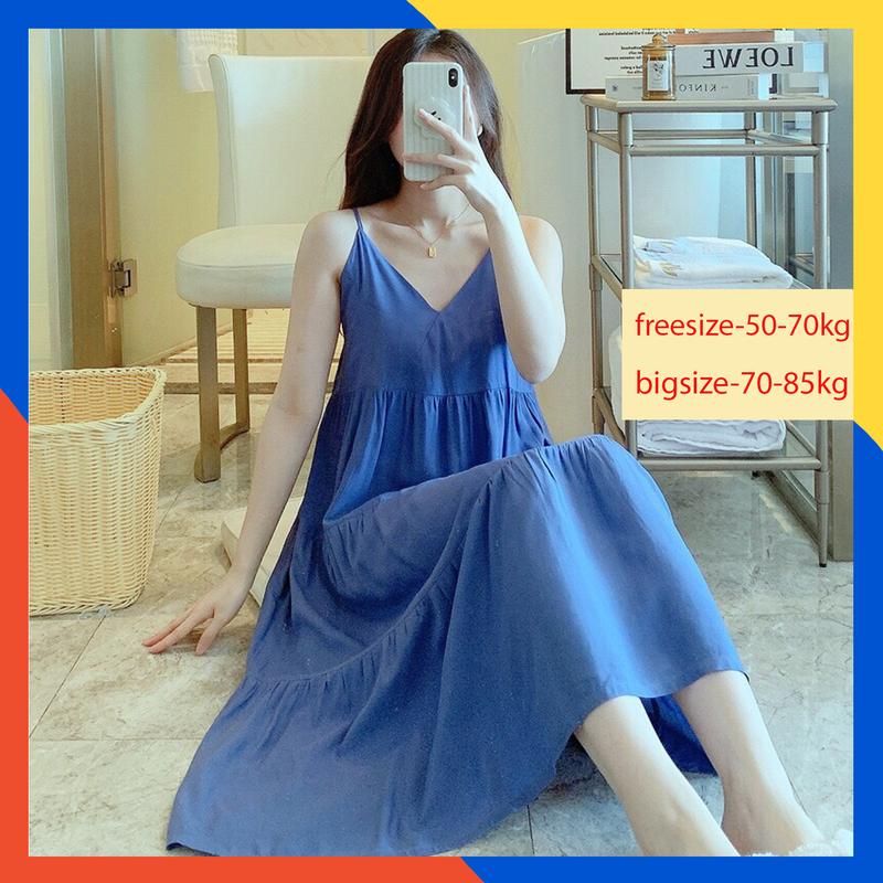 Váy bầu - váy mặc nhà sau sinh ( váy 2 dây - 4 Tầng ) chất liệu Lanh Lụa- mềm - mát