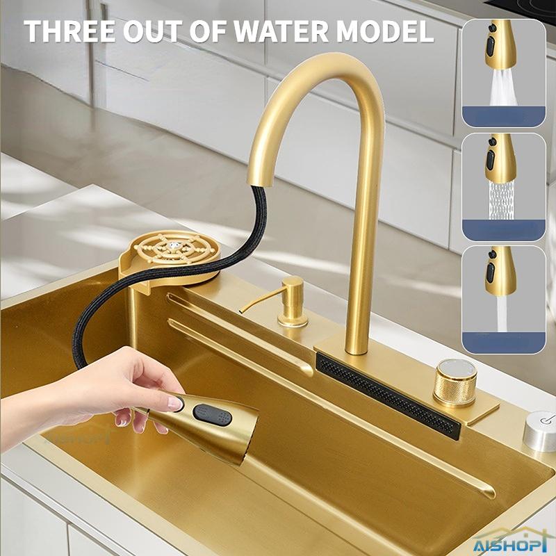 Product Introduction of [SG Seller]SUS 304 Stainless Steel Pullout Faucet Tap Gold Waterfall Kitchen Sink  Single Basin Bowl Tank Tap 3