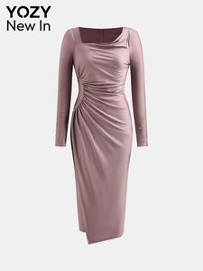 YOZY Women's Plain Ruched Wrap Asymmetrical Neck Bodycon Dress, Elegant Flounce Sleeve Midi Dress for Evening Party Gown, Ladies Fall & Winter Clothes