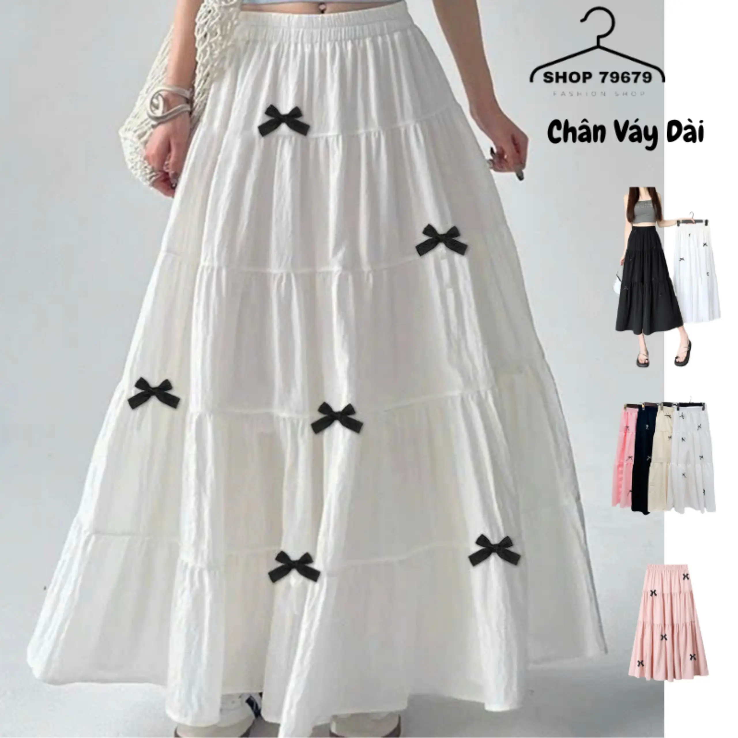 Chân Váy Dài Đính Nơ Xòe Lưng Chun Có Lót Trong Phong Cách Nhẹ Nhàng Nữ Women Cotton Nhung