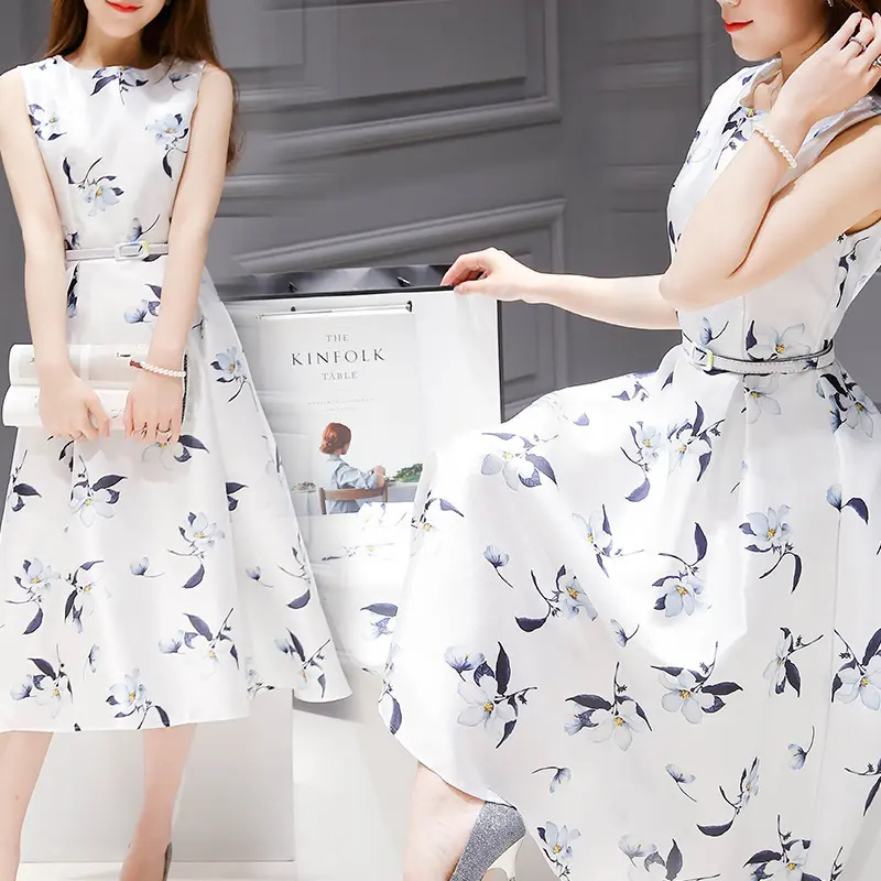 2025 Summer Clothing New Women's Clothing Korean Style Printed Mid-Length Sleeveless Dress Waist Slimming A- line Skirt