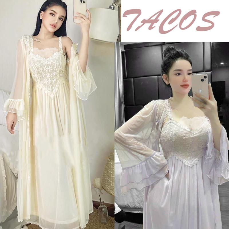 HT854 Set váy ngủ và áo choàng sexy dáng dài tiểu thư sang chảnh dáng xoè tôn dáng