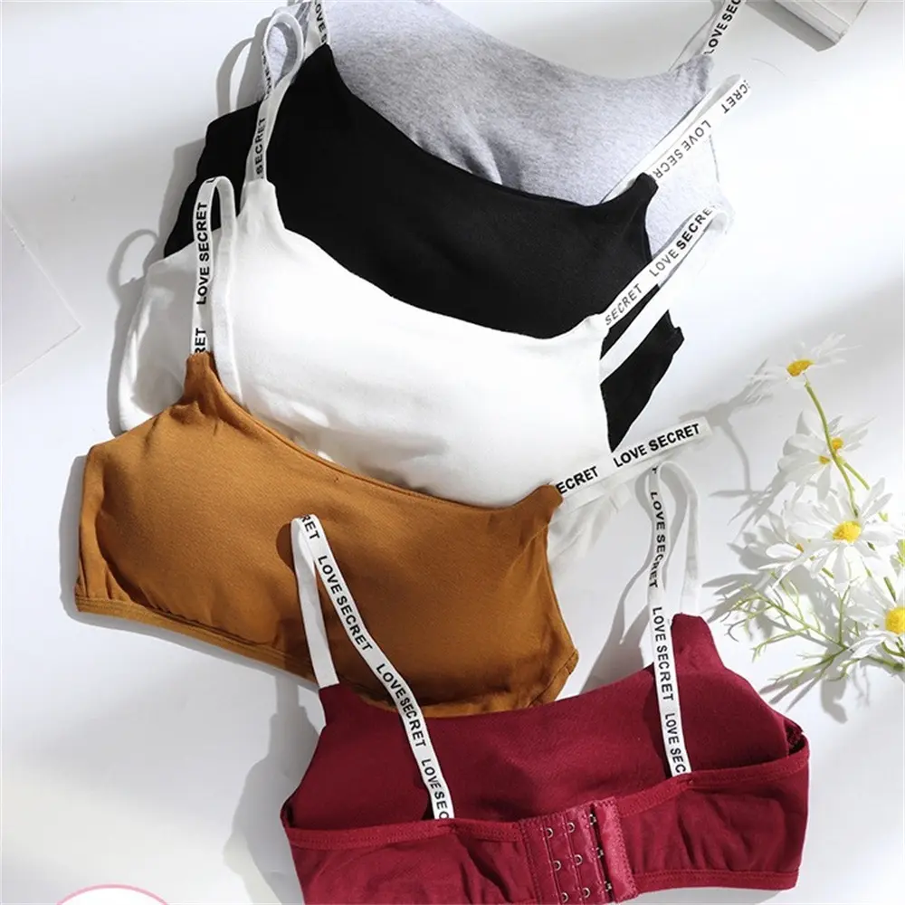 Girls' Underwear Fashion Cotton Camisole Solid Color Bras No Steel Ring Bralettes 10-16 Yrs Letter Shoulder Strap Skin Friendly Tank School Student Sport Bra Tube Tops