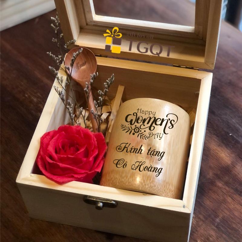 Combo quà tặng ý nghĩa Cốc tre & Muỗng gỗ - khắc hình và chữ theo yêu cầu