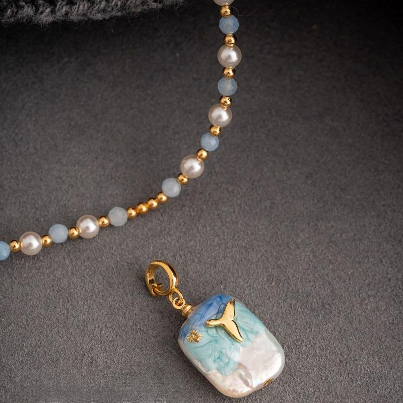 Product Introduction of Baby Costume Jewelry Oil painting style Baroque pearl pendant necklace, new Chinese style earrings, light luxury, niche, antique style collarbone chain, round pearl chain 9