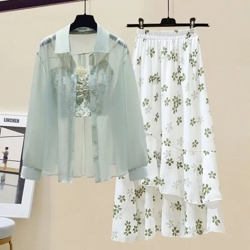 Summer Suit Women's 2023 New plus Size Women's Clothing Temperament Wild Floral Strap Shirt Skirt Three-Piece Suit Fashion🎈0921