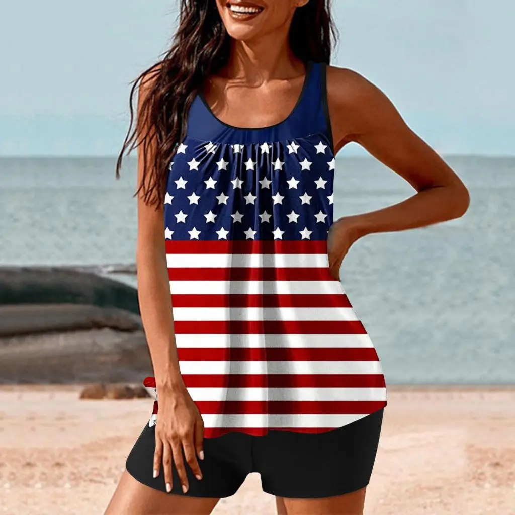 univiruce Split Swimsuit Two-piece Swimsuit 4th of July Tankini Set Patriotic American Independence Day Swimwear for Women