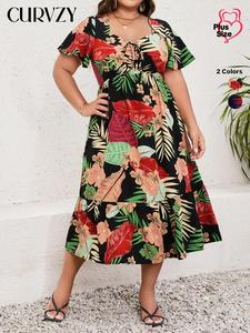 CURVZY Plus Size Tropical Floral Print Butterfly Sleeve Ruffle Hem A Line Dress, Summer Boho Short Sleeve Sweetheart Neck Tie Front Midi Dress for Daily Wear