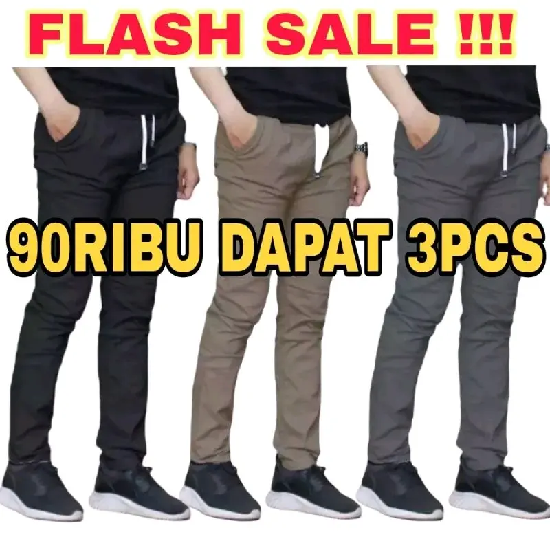 90RB DAPAT 3PCS CELANA PANJANG PRIA DEWASA CHINOS SLIMFIT PINGGANG KARET RIB MELAR TERLARIS Slim-fitting