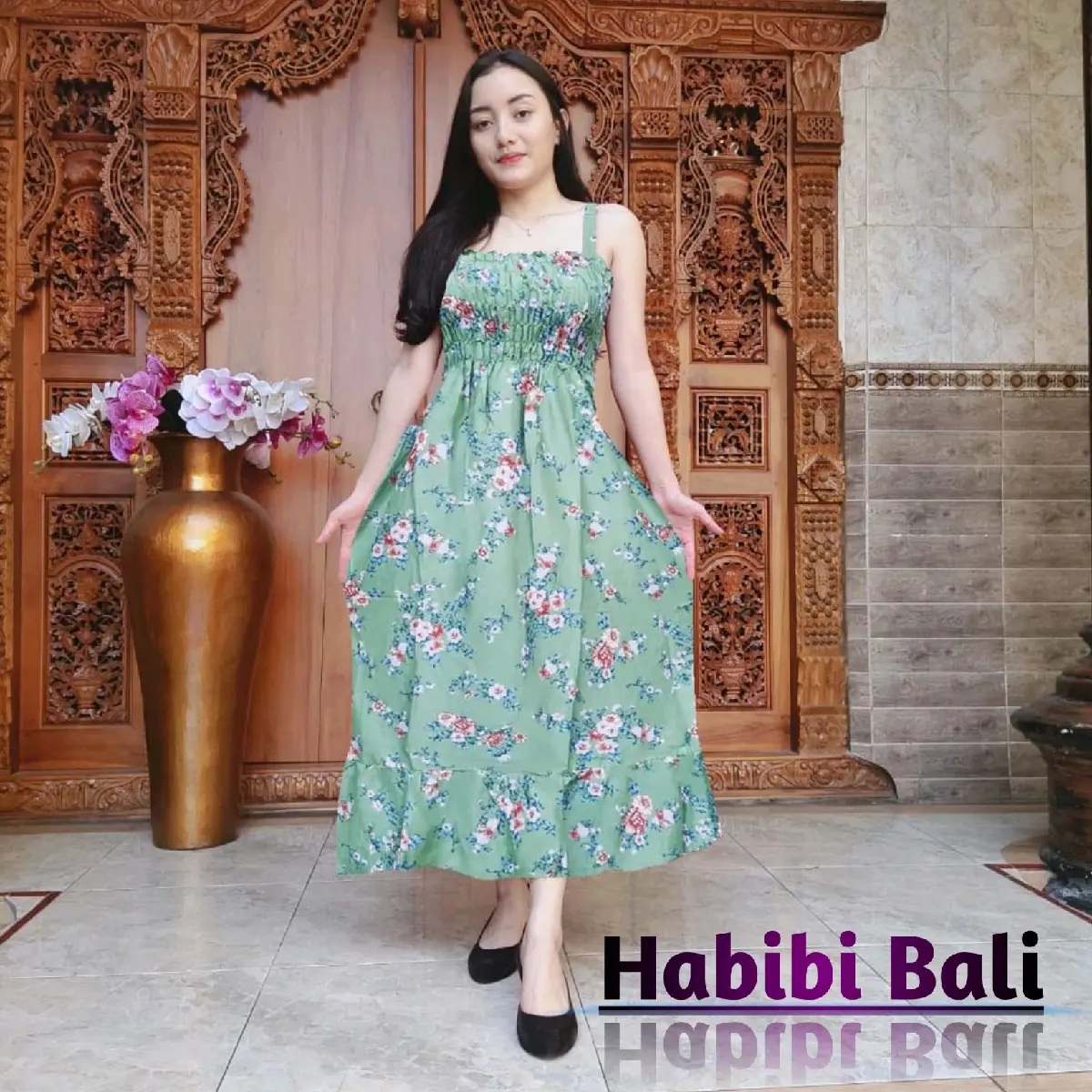 Dress Becca Tali Kerut Dada Rayon Super Santai Bunga Liburan Baju Bali Lembut Nyaman