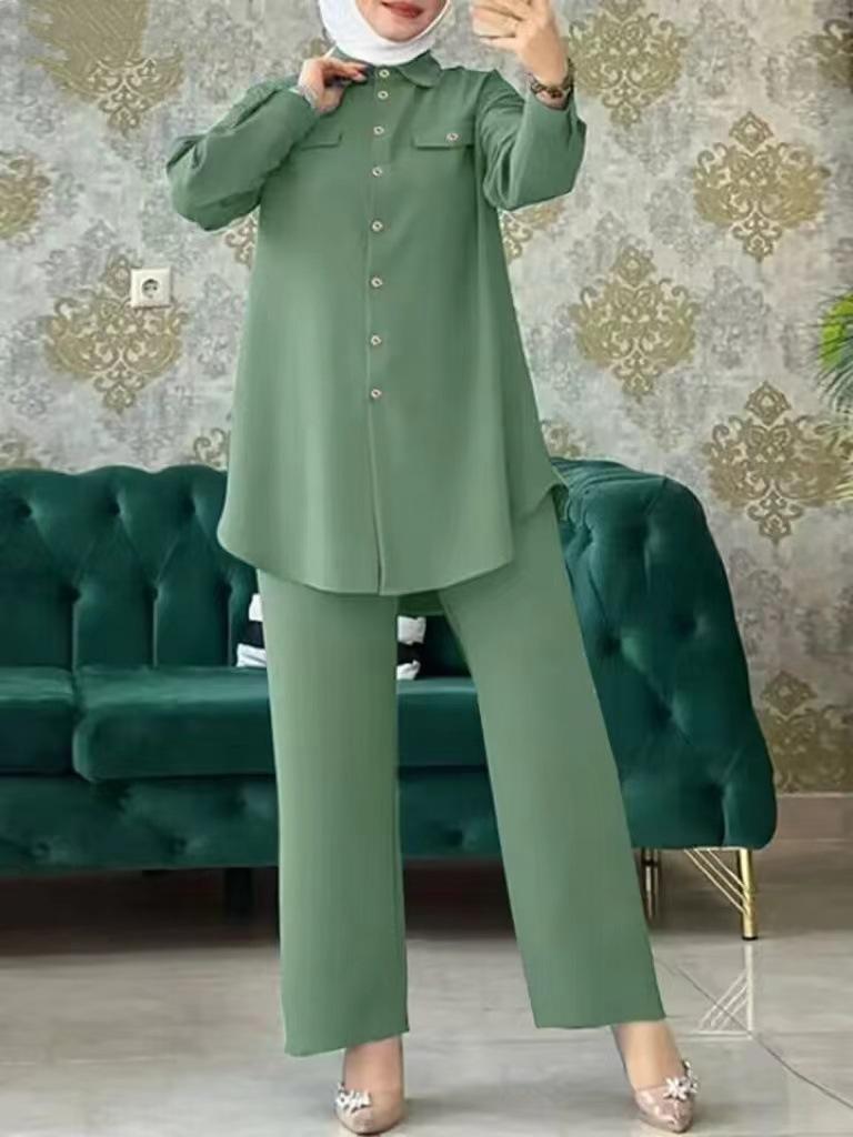 Product Introduction of 2025 New Fashion Versatile Elegant Trendy New Middle Eastern Muslim Solid Color Long Sleeve Button Pocket Shirt and Pants Two-Piece Set 7