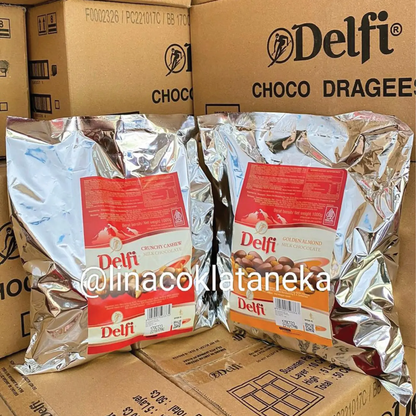 Delfi Almond 1kg choco dragees, Delfi Cashew/mede 1kg choco dragees