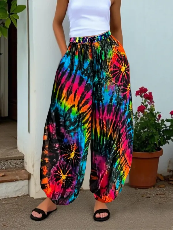 【Plus Size】 All Over Tie Dye Print Pants, Casual Comfy Trousers for Daily Wear, Women's Bottoms for Summer 3