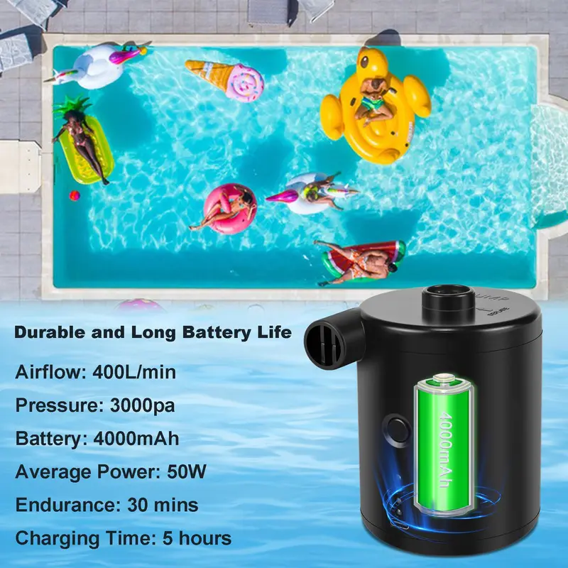 Portable Air Pump, 1 Set USB Rechargeable Air Pump with Accessories, Quick Inflate Deflate for Air Mattress & Pool Toys &  Floats & Swimming Ring 2