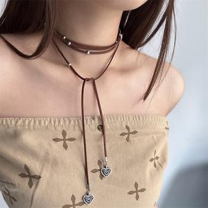 Rantai Leher Panjang berbentuk Hati, Gaya Bohemia, Perak Minimalis, dengan Pembalut Tali Perak Aksesori Fesyen Tertekan Vintaj, Untuk Wanita, Pelbagai Pilihan, Gaya Jewelry Necklaces