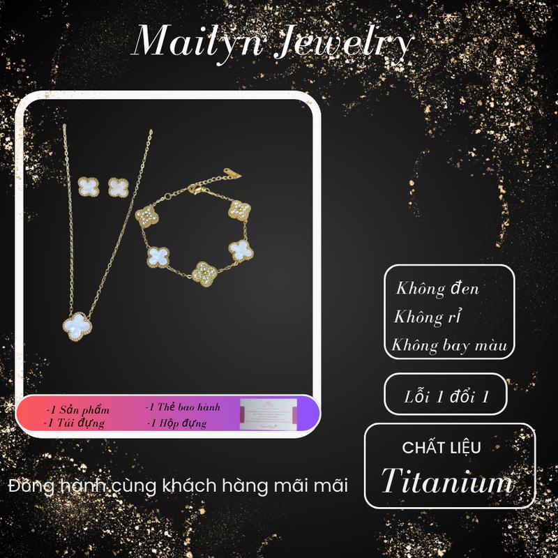 Combo 3 món 4 lá mix ( 1 đôi bông tai , 1 vòng cổ , 1 lắc tay ) hàng 2 mặt và có kèm box ( túi + hộp ) Nữ