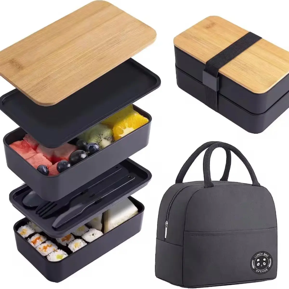 Stackable Bento Lunch Box with Insulated Bag Microwaveable Divided Large Capacity Bento Box for Office Workers and Students Tableware