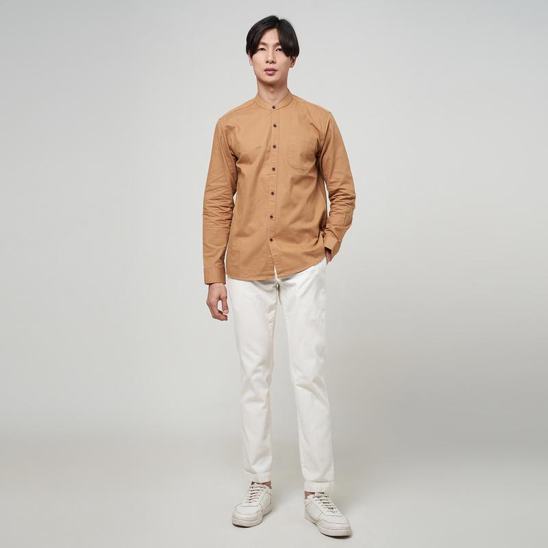 ALINO Kemeja Pria Kerah Sanghai Polos Lengan Panjang MOCCA 061 Nyaman Basic Casual Coklat Formal Hitam Kantor Slimfit Baju Kerja Cowok Kancing Hem 1
