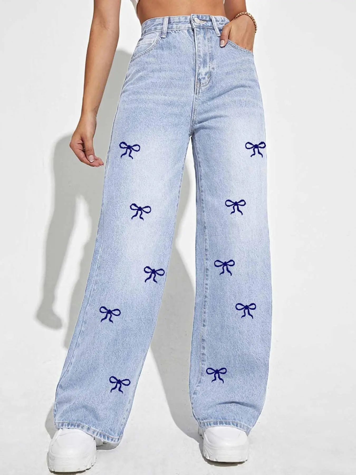 Women's Bow Print Straight Leg Jeans, Casual Comfy Denim Pants for Daily Wear, Ladies Bottoms for All Seasons
