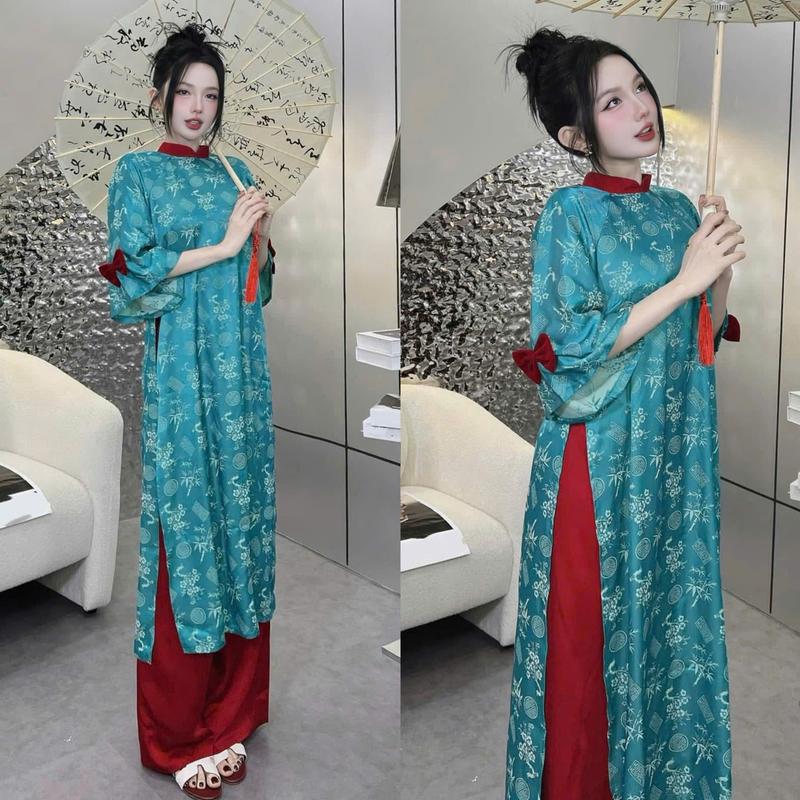 Áo Dài Nữ Thiết Kế EMME V1997 Form Suông Cổ Đứng Tay Loe Đính Nơ Nhung Cách Điệu [ Kèm Quần Lụa ] 0