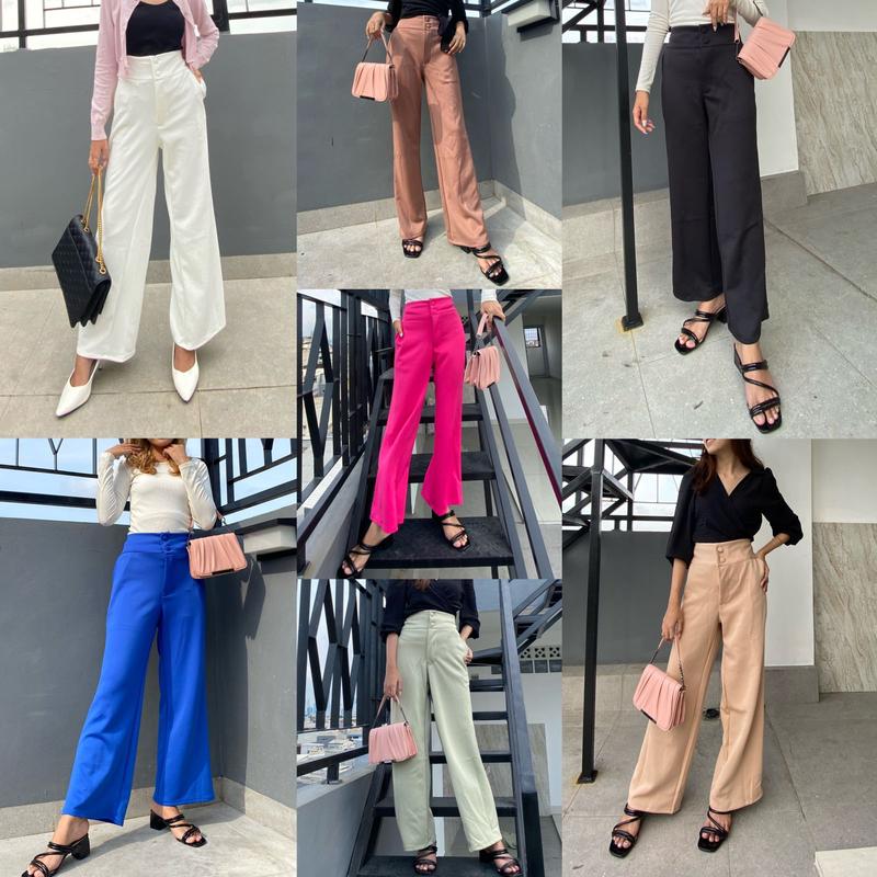 PROMTTHONG PANTS DAN JUMBO CELANA WANITA Kancing Karet Panjang  Scuba  Kulot  Basic  Casual  Kerja  Tebal  Kantor Hitam 2