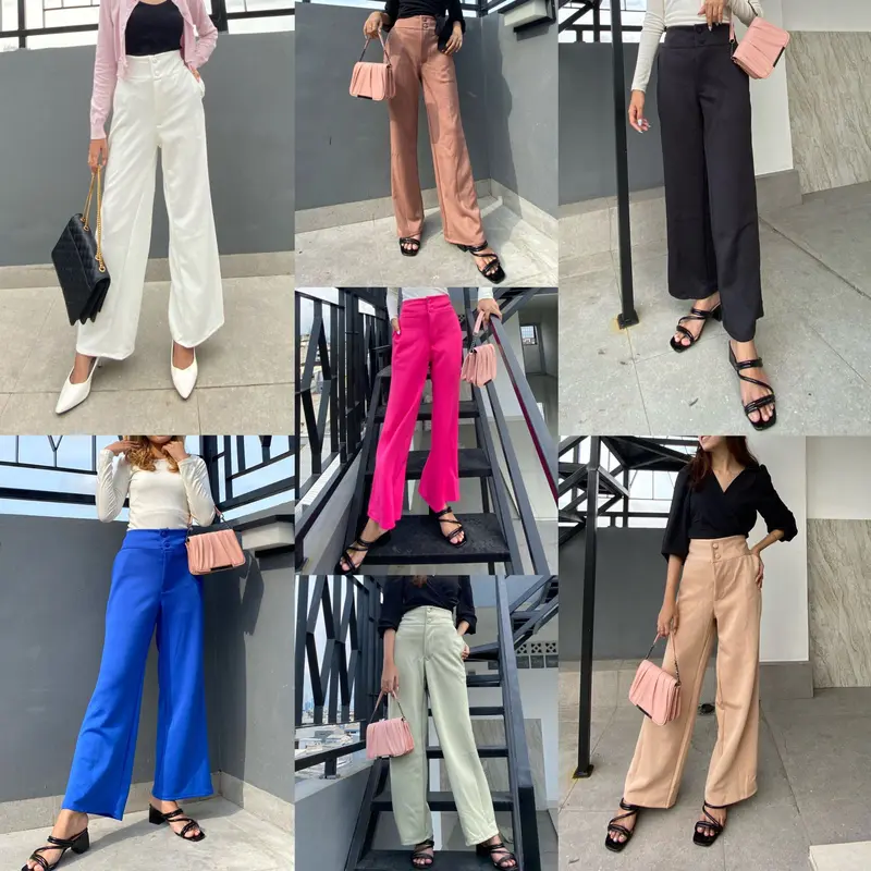 PROMTTHONG PANTS DAN JUMBO CELANA WANITA Kancing Karet Panjang  Scuba  Kulot  Basic  Casual  Kerja  Tebal  Kantor Hitam 1