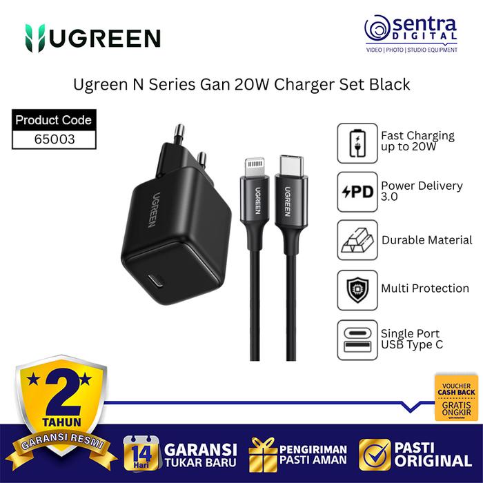 Gambar Ugreen 20W GaN Charger 65003 Black Fast & Safe Power Delivery USB-C Adapter for Phone and Tablet dari Sentra Digital Kota Surabaya Tokopedia