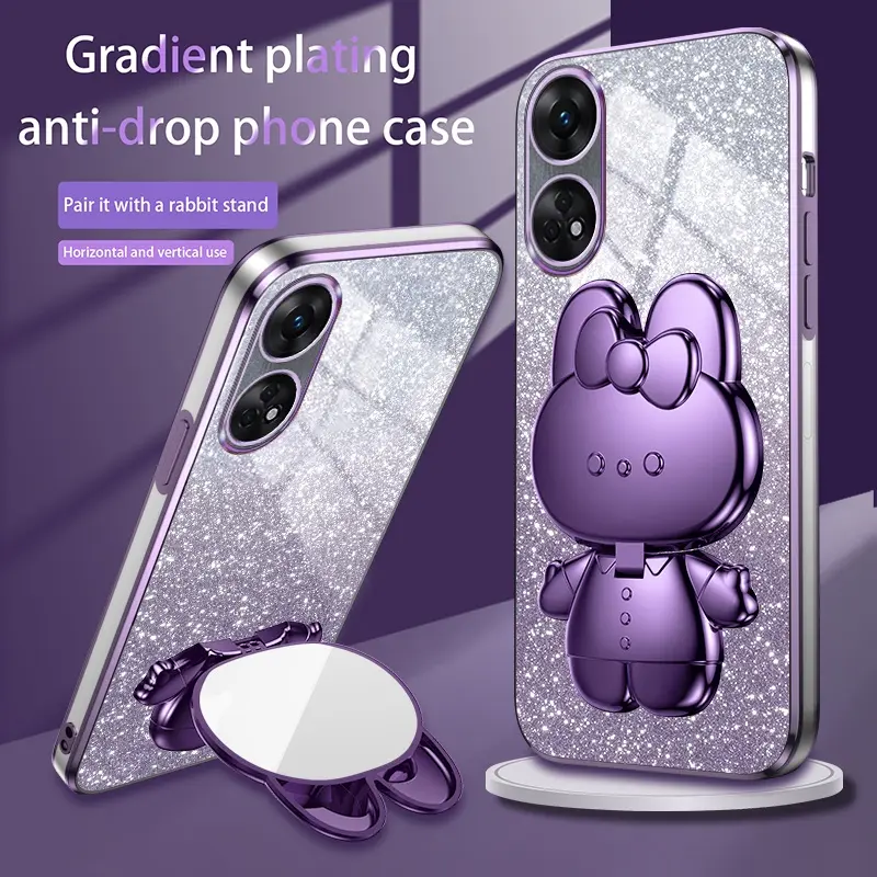 Casing Oppo Reno 8T 4G 8T 5G phone case TPU 3D rabbit stereo stand ultra thin electroplated powder dual use phone case soft cover