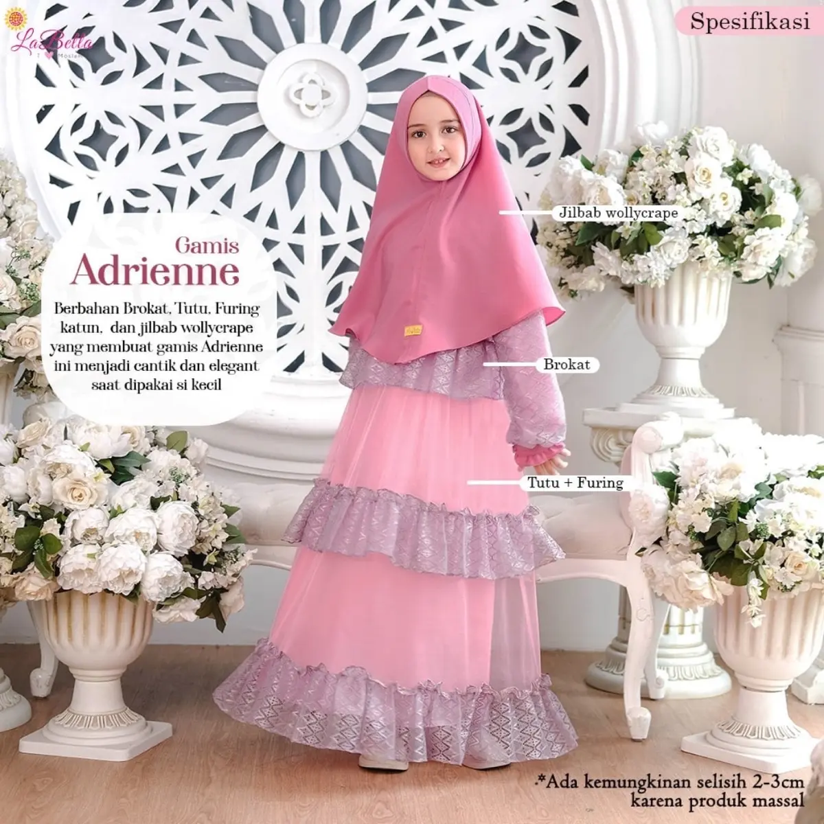 Baju Gamis Anak Adriene Labella Muslim Pesta /Jubah Kids  Free Jilbab/Gaun Pesta Anak Perempuan Cantik Syari Kancing Tile Jilbab Dress Lebaran Remaja