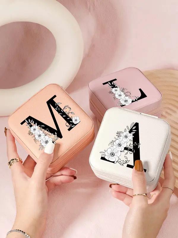 Letter Pattern Jewelry Box, Mini Zipper Jewelry Organizer, Travel Jewelry Storage Box for Rings, Necklaces, and Earrings 4