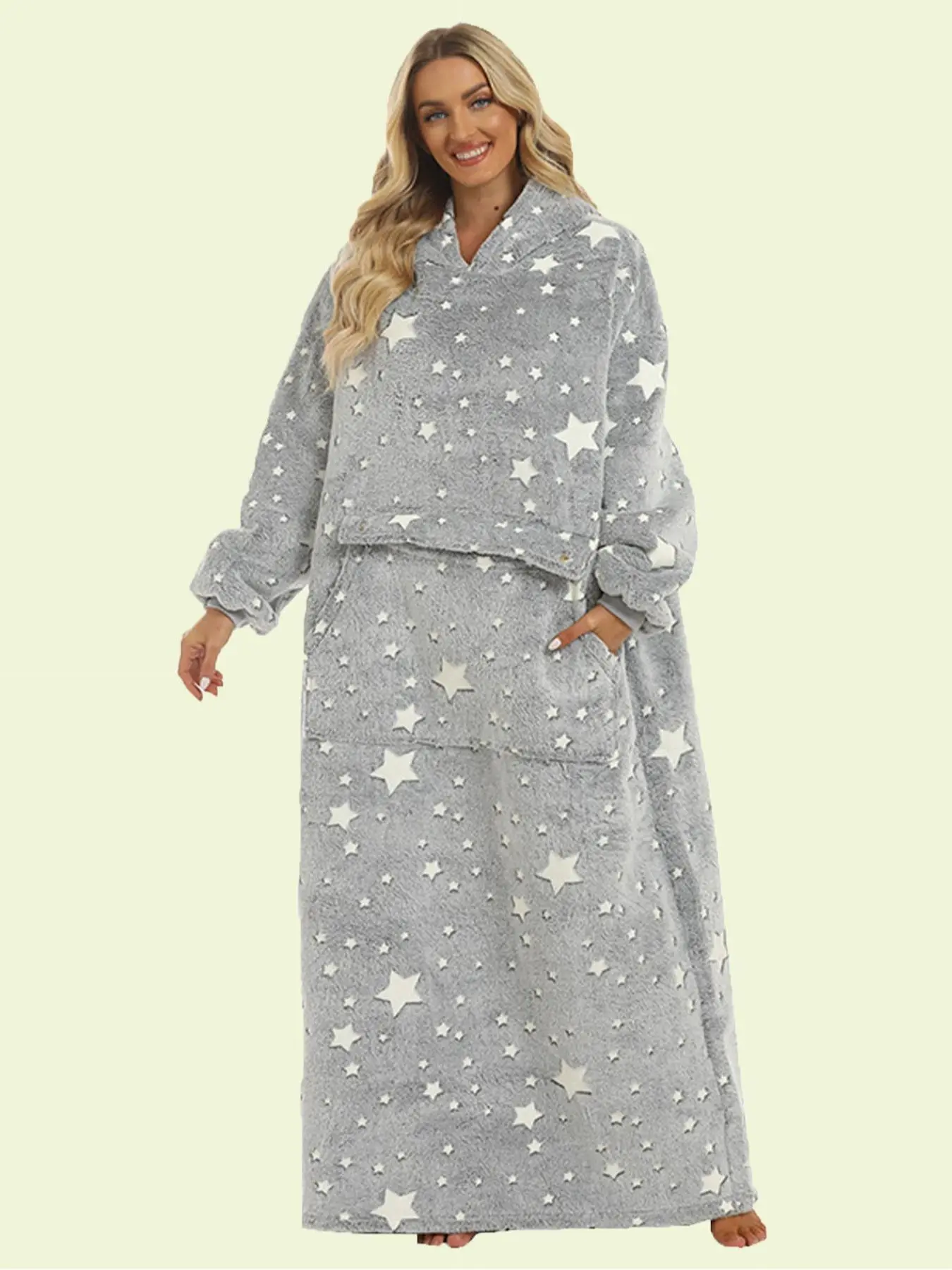 Women's Glow in The Dark Star Print Pocket Hooded Blanket, Casual Long Sleeve Drop Shoulder Blanket Hoodie, Women's Sleepwear for Winter, Pyjamas for Women