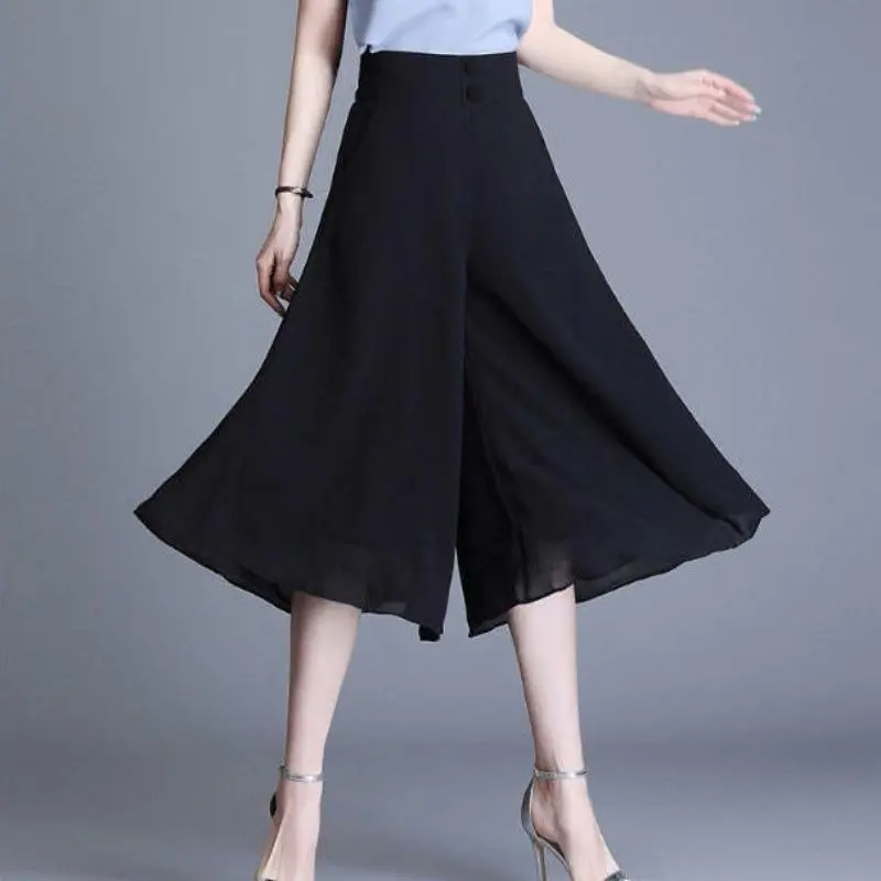 Quần Váy Voan Cho Nữ, Quần Ống Rộng Dáng Rộng, Quần Nữ Thường Ngày, Quần Culottes Màu Đen, Phong Cách Hàn Quốc, Cạp Cao, Cắt Xén, Ngoại Cỡ