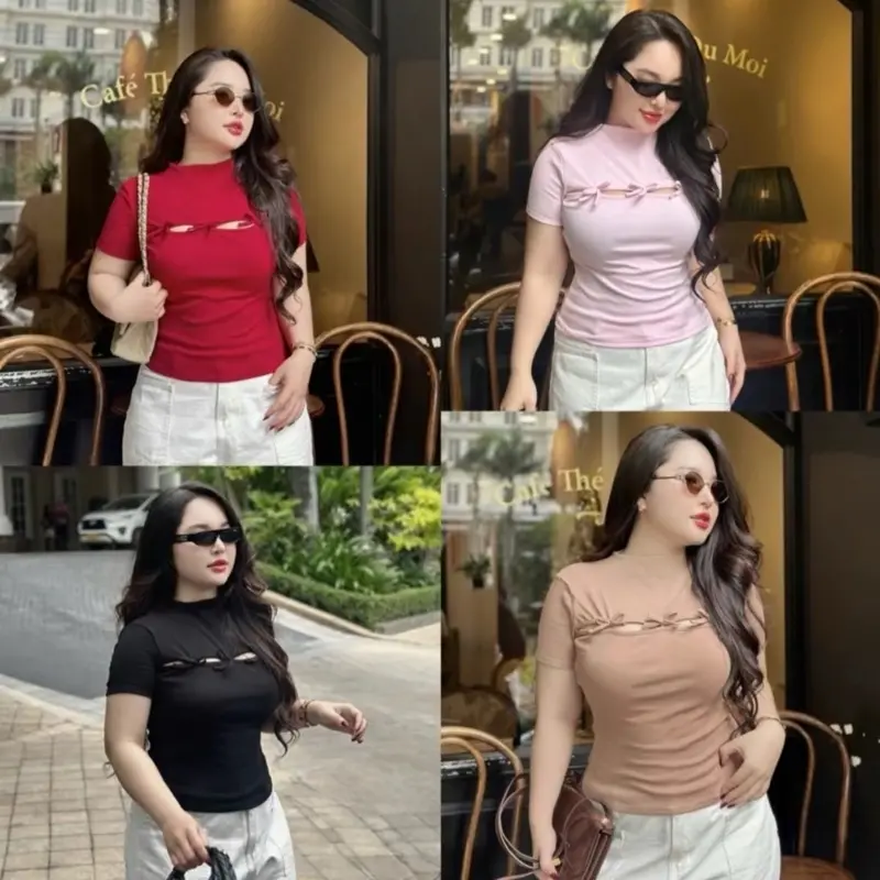 ￼Áo Thun BigSize Nữ KHOÉT V1 ĐÍNH NƠ Thun Borrip CC Co Giản Thoải Mái (Bigsize45-90kg)